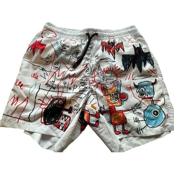 Basquiat Short Kid M White Jimmy Lion Swim Trunk Graffiti Pull On Dragon Monster - Picture 1 of 12